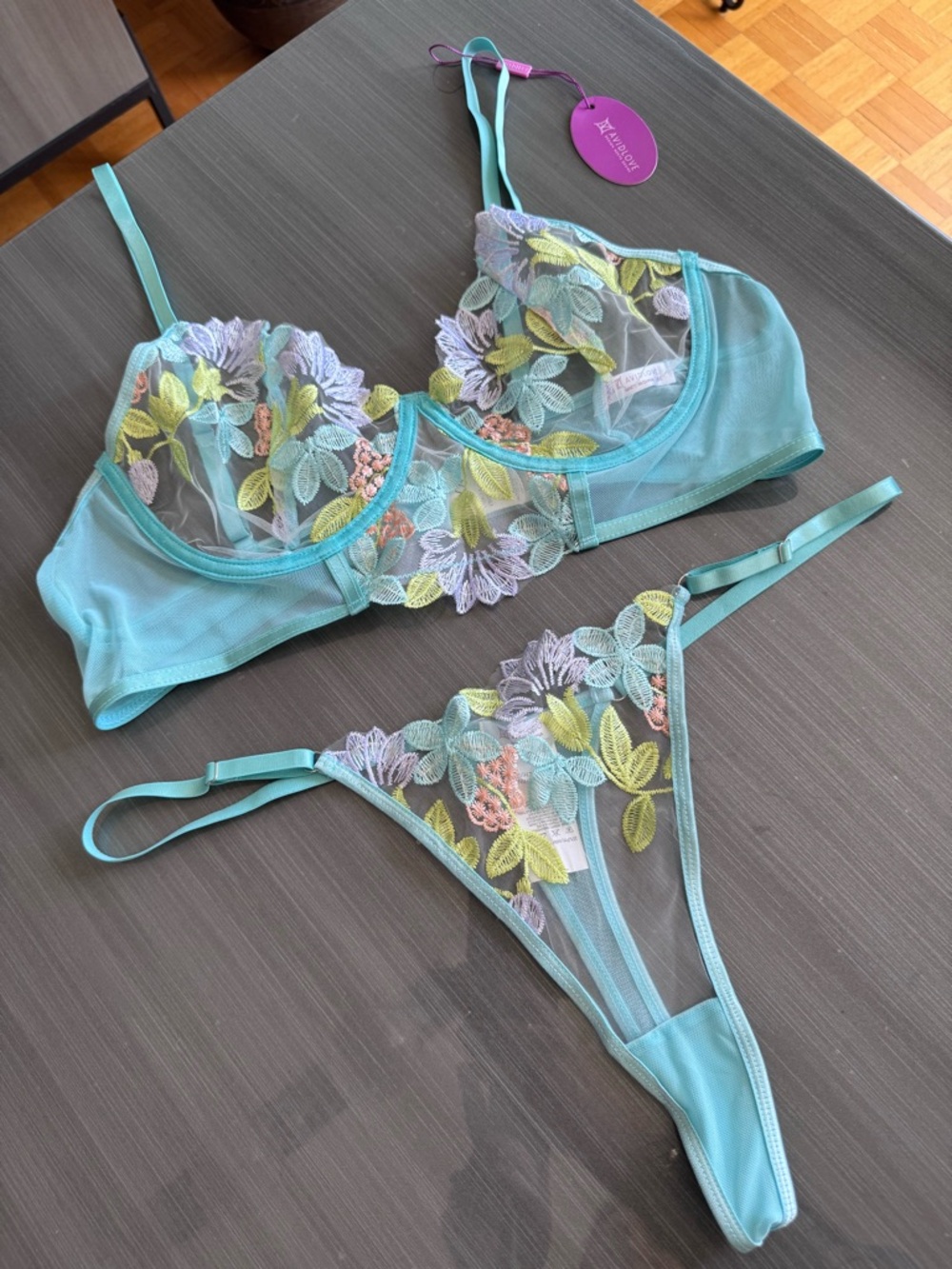 Aqua Floral Embroidered Sheer Bra and Thong Set